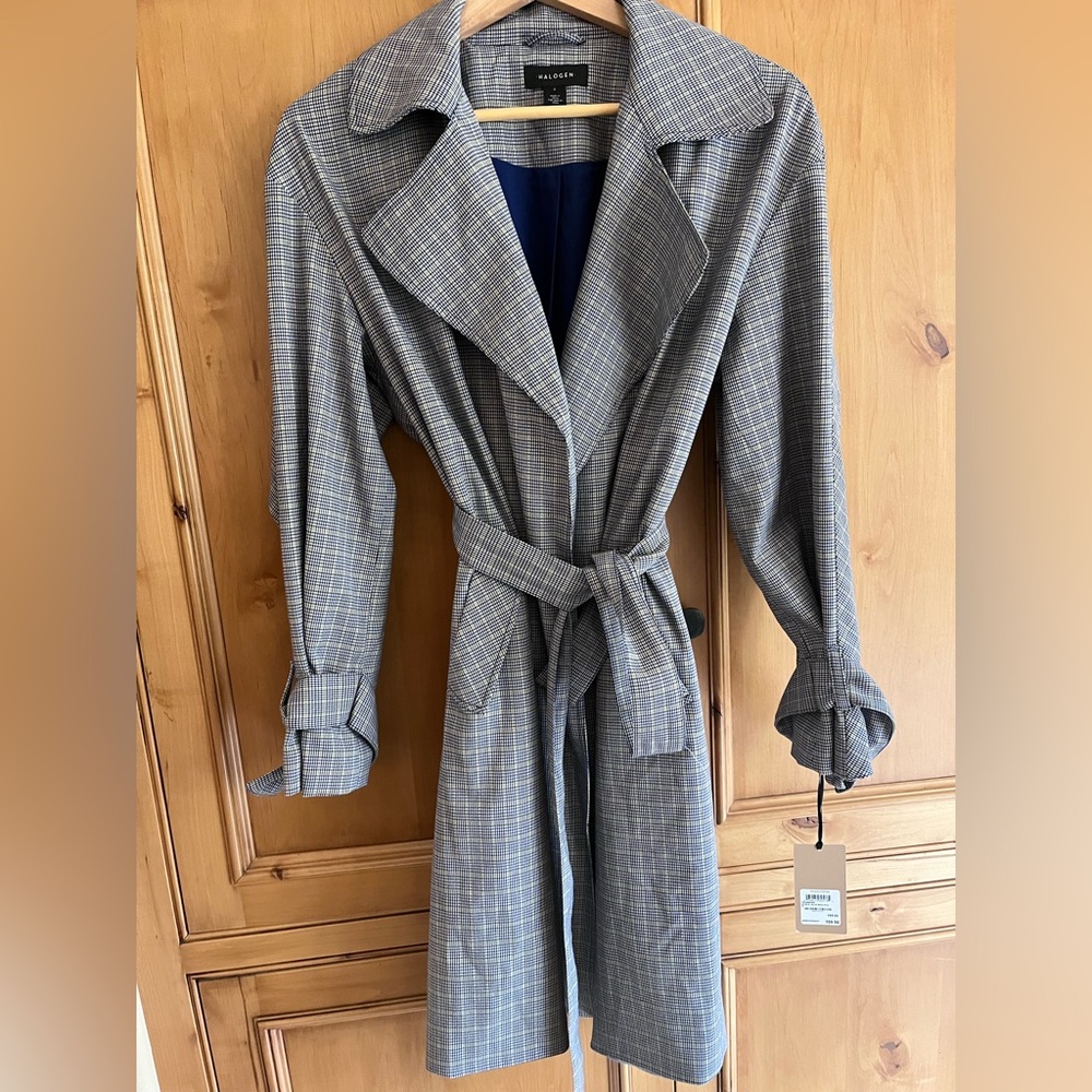 Blue and yellow  Plaid Women's Trench Coat